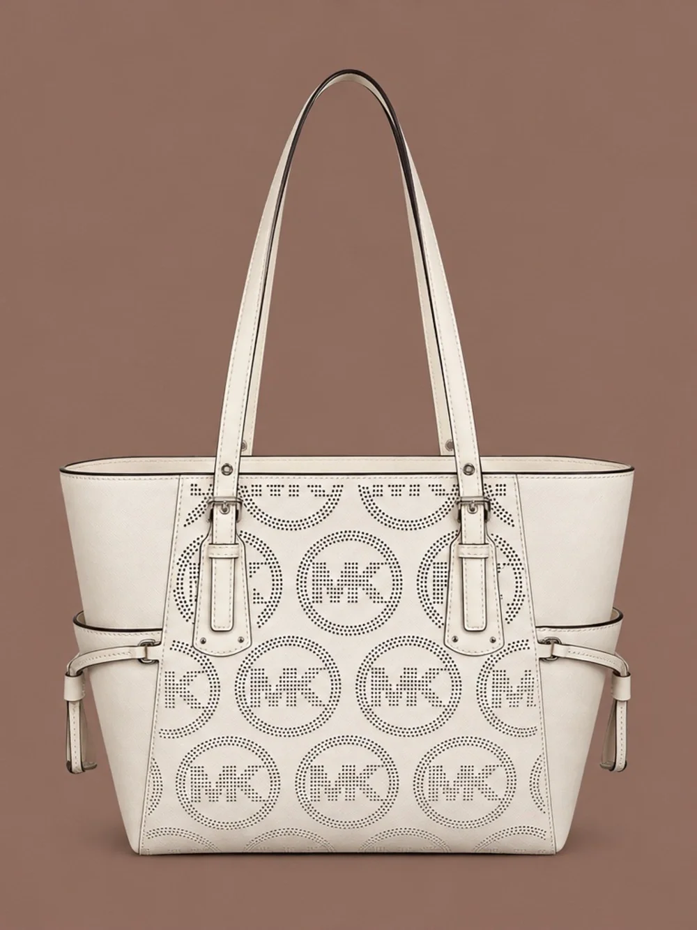 🤍 Michael Kors Ivory Perforated MK Logo Tote 🤍